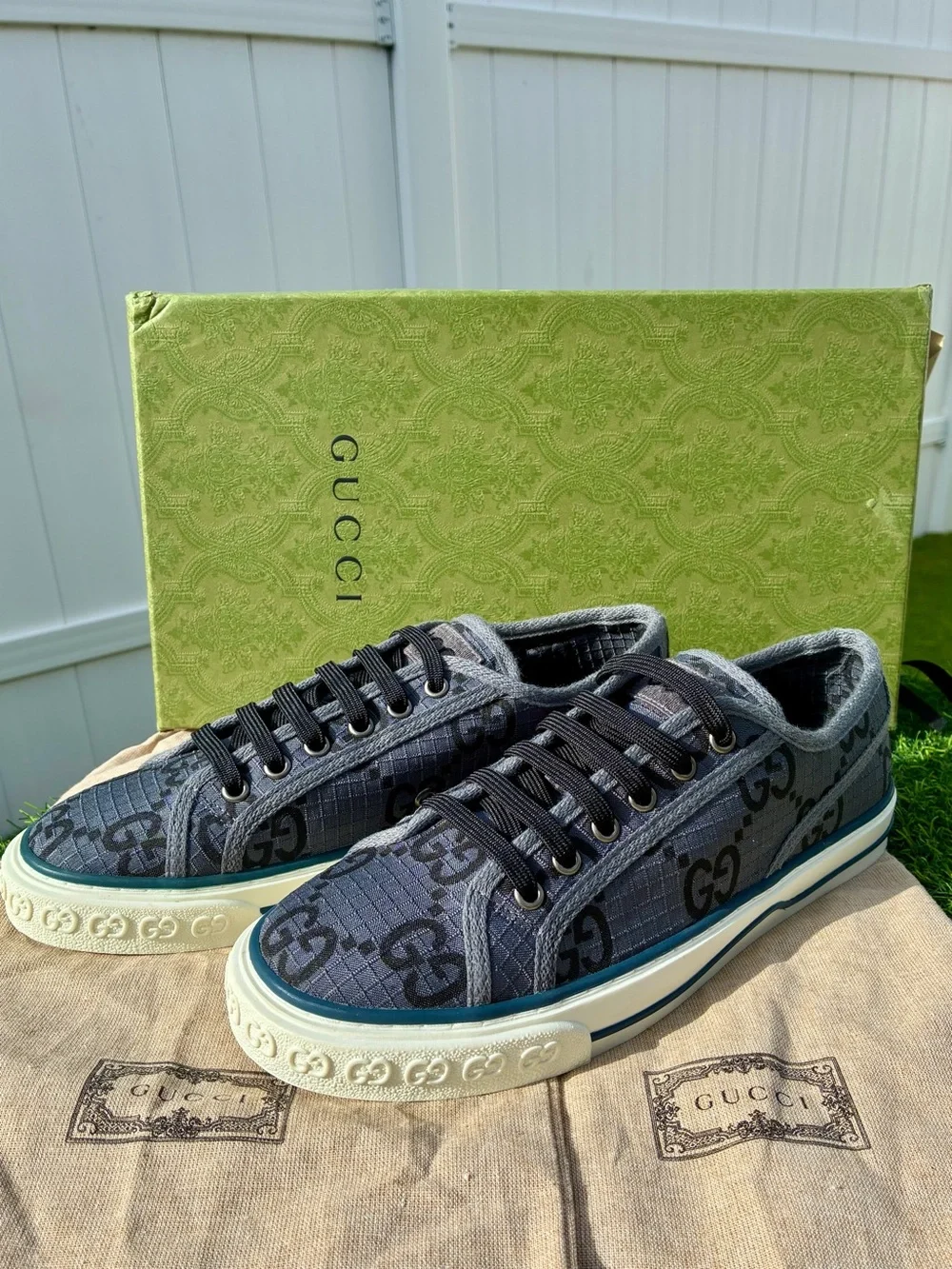 GUCCI TENNIS 1977 GREY BLACK GG SUPREME NEW MONOGRAM SNEAKERS SZ G8 EU 42 NEW!
